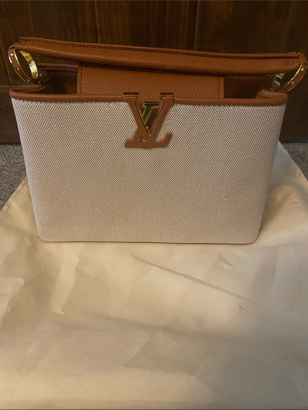 Louis Vuitton Cream and Tan Shoulder Bag with Gold Hardware
